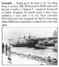 Damaged RAF Sunderland flying boat run ashore at Kai Tak after flight from Singapore 1946