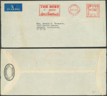 1955 (22 JY) Lane, Crawford’s Metered Air Mail Cover – sent to Mrs. Donald R. Thompson, 1019 Euclid Avenue, ONTARIA, California, U.S.A.