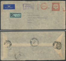 1963 (14 FE) THE HONGKONG AND SHANGHAI BANKING CORPORATION’s Metered Registered Air Mail Cover – sent to The Manager, Bank of Montreal, 119 St. James Street West, Montreal, Canada