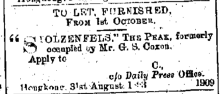 To Let Stolzenfels Hong Kong Daily Press page 3 1st September 1893