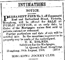 Permanent Pier No. 3. For Sale by Auction Hong Kong Daily Press page 4 3rd September 1906