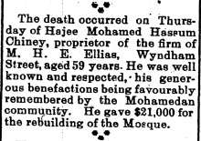 Hajee Mohamed Hassum Chiney death notice in South China Morning Post, May 31, 1919
