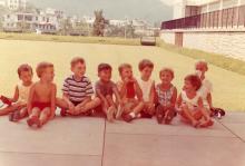 Cavendish Heights kids on lawn bowls viewing deck August 1964