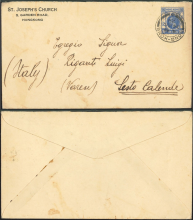 1929 (24 JUL) St. Joseph’s Church Cover - sent to Egregio Signor, Riganti Luigi, (Varese), Sesto Calende, (Italy)