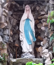 Close-up of the Mother Mary statue in the grotto at St. Anthony's Church