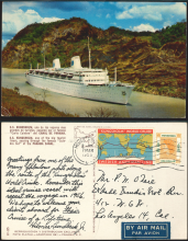 1955 (7 MAR) Swedish American Liner’s S.S. “Kungsholm” World Cruise Machine Cancel Post Card - sent to Mr. P.W. O’heie, ____, Los Angeles 14, Cal.