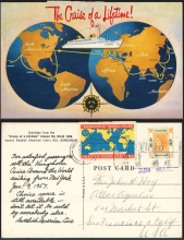 1956 (5 MAR) Swedish American Liner’s M.S. “Kungsholm” World Cruise Slogan Machine Cancel Post Card - sent to Mr. John H. Hey, Atlas Agencies, 821 Market St., San Francisco 3 Calif, USA