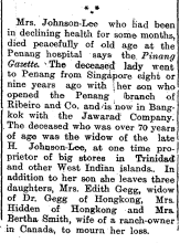 Passing of Mrs. Johnson-Lee, printed October 12, 1925