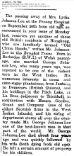Passing of Mrs. Lydia Johnson-Lee, printed October 23, 1925