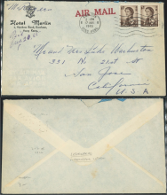 1965 (17 AUG) Hotel Merlin Kowloon Branch Post Office Machine Cancel Air Mail Cover - addressed to Mr. and Mrs. Luke Warhurton, 331 No 21st St, San Jose, California, U.S.A.