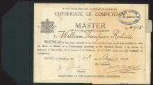 Certificate of Competency as Master of a Foreign-going Steamship to William Thompson Rochester, with signatures of Governor Sir Cecil Clementi and Colonial Secretary	Sir Thomas Southorn, registered at the Harbour Office, Hong Kong in 1929