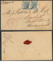 1876 (DE 4) Steamer “Oceanic” Pacific Route Envelope -  sent to Acushnet, Bristol County, Massachusetts, “Oceanic” (handwritten)