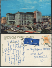 1960 (3 FEB) The Peninsula Hotel and Peninsula Court Kowloon Branch Post Office Machine Cancel Air Mail Postcard - addressed to Mr. Percy MacDonald-POSTMASTER, RICHLAND, MICHIGAN, U.S.A