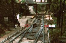 Peak Tram track layout at the lower entrance to the passing loop 1989