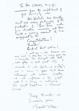 reply letter of Thornton Wilder for the first performance of 'Our Town' (1965)