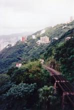 HK from Victoria Peak showing the tracks of the Funicular