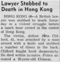 1956 - U.S. newspaper report describing the stabbing murder of H.K. barrister, Arthur John Clifford.jpg