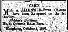 A. Hahn Dancing Classes China Mail page 1 22nd January 1881.png