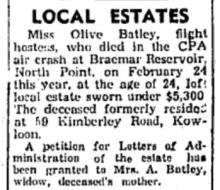 Braemar Hill crash victim -Olive Batley-declared Estate