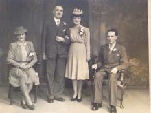 Bert McVey, HKP & Stanley POW (seated right) was 'best man' at the marriage of Robert Cunningham to Donella Goodall, Feb 1946