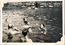 'The Swimming Pool', Sunset Peak, Lantau Island, August 1948. Furthest right may be Gwelma Goodfellow, wife of the Hong Kong Observatory's naval representative. Julian Crozier is centre, back towards the camera. Others unknown. Copyright Crozier family.