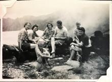 'Supper at Sunset Peak', 24 August 1948. Ann Crozier is far right of photo. Others include possibly Elaine Davis (far left), Steve Davis, the geographer after whom the hostel was named (centre). Copyright Crozier family. 