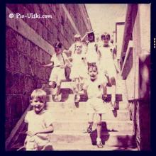 1954 running down the steps of Quarry Bay School